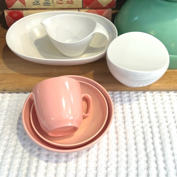 Vintage Melmac dishes pink white prolon retro cream sugar bowl cup - Picture 1 of 6